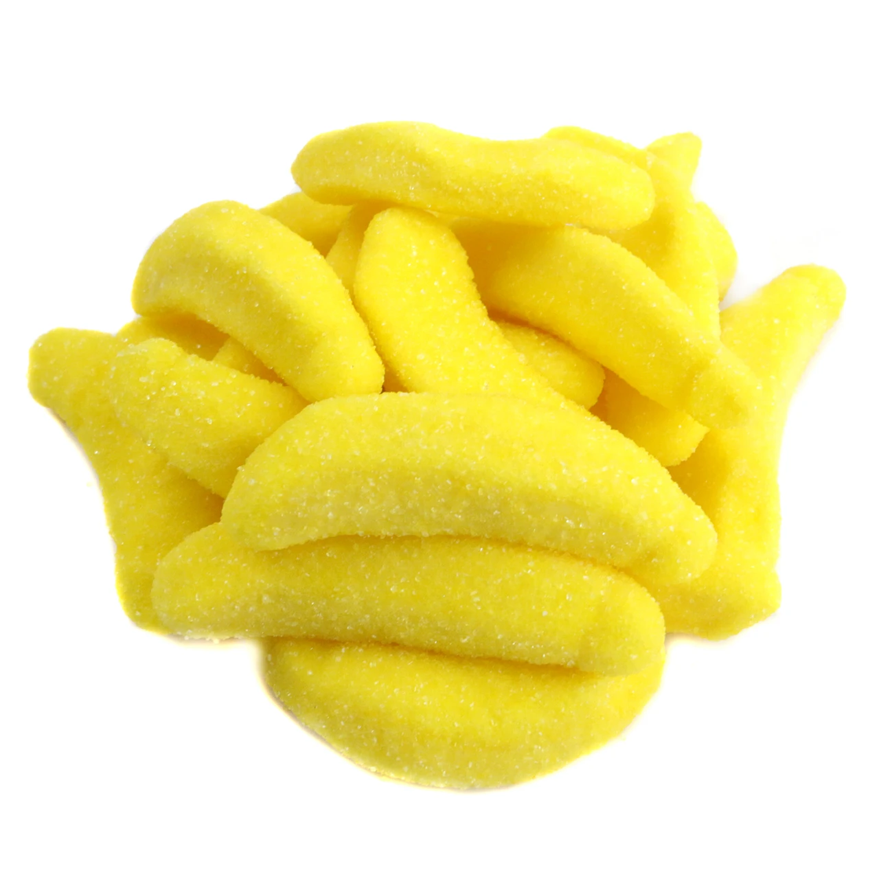 Yellow gummy bananas, 2-inch long, sugar-coated, banana flavored candy. Approximately 80 pieces per pound.