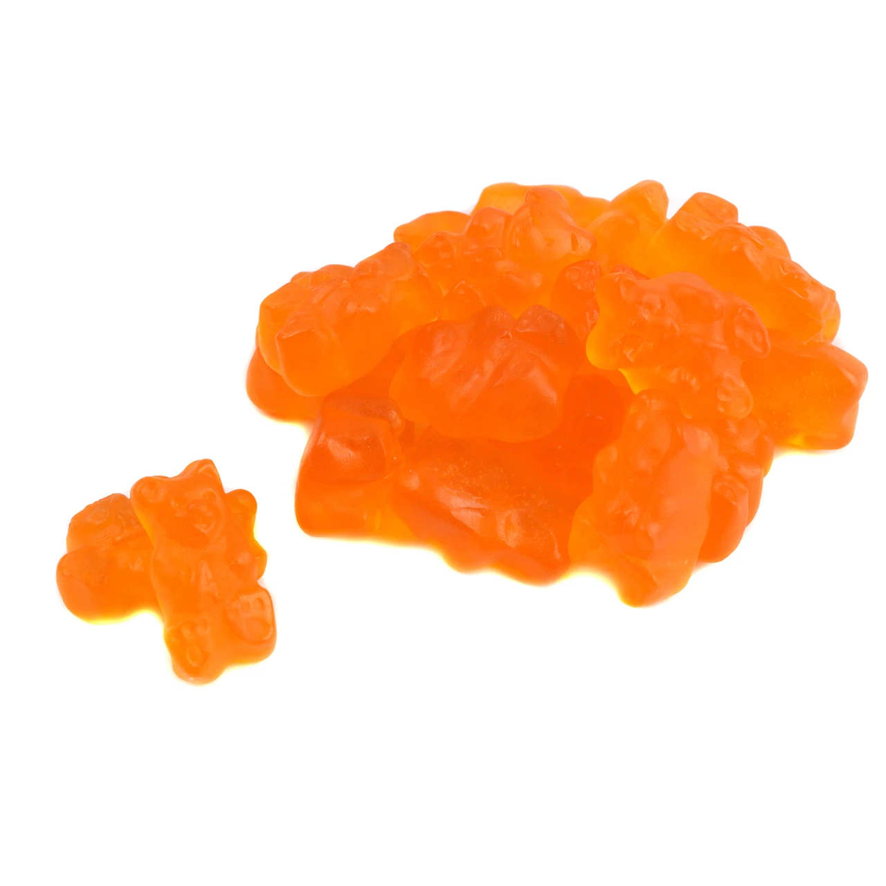 Bright orange gummy bears, 1 inch long, citrus orange flavor. Approximately 145 Albanese bears per pound, made in USA.