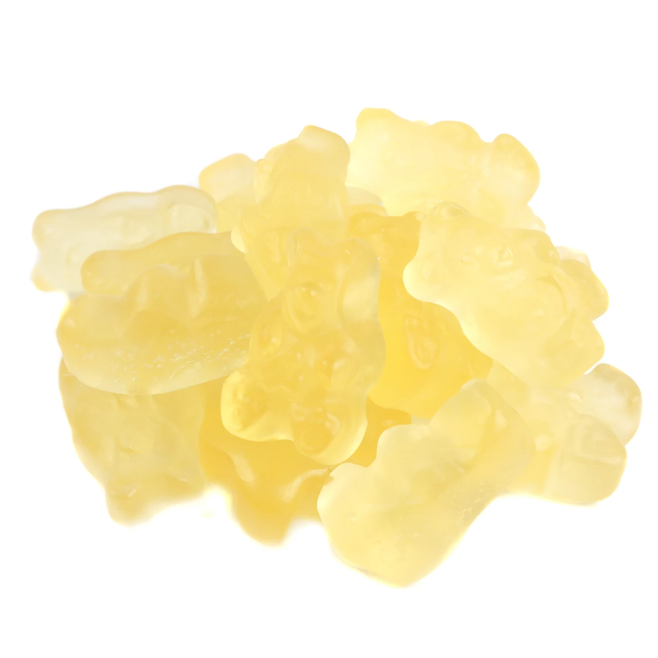 Bright yellow pineapple gummy bears, 1 inch long. Approximately 145 USA-made gummy bears per pound.