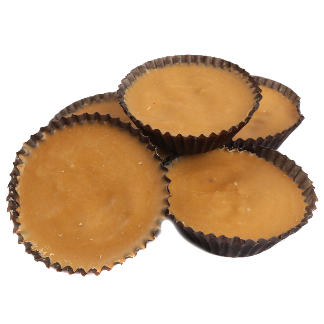 Pile of Boyer Smoothie Cups Unwrapped, light brown butterscotch & peanut butter old-fashioned candy, approx 30 per pound.