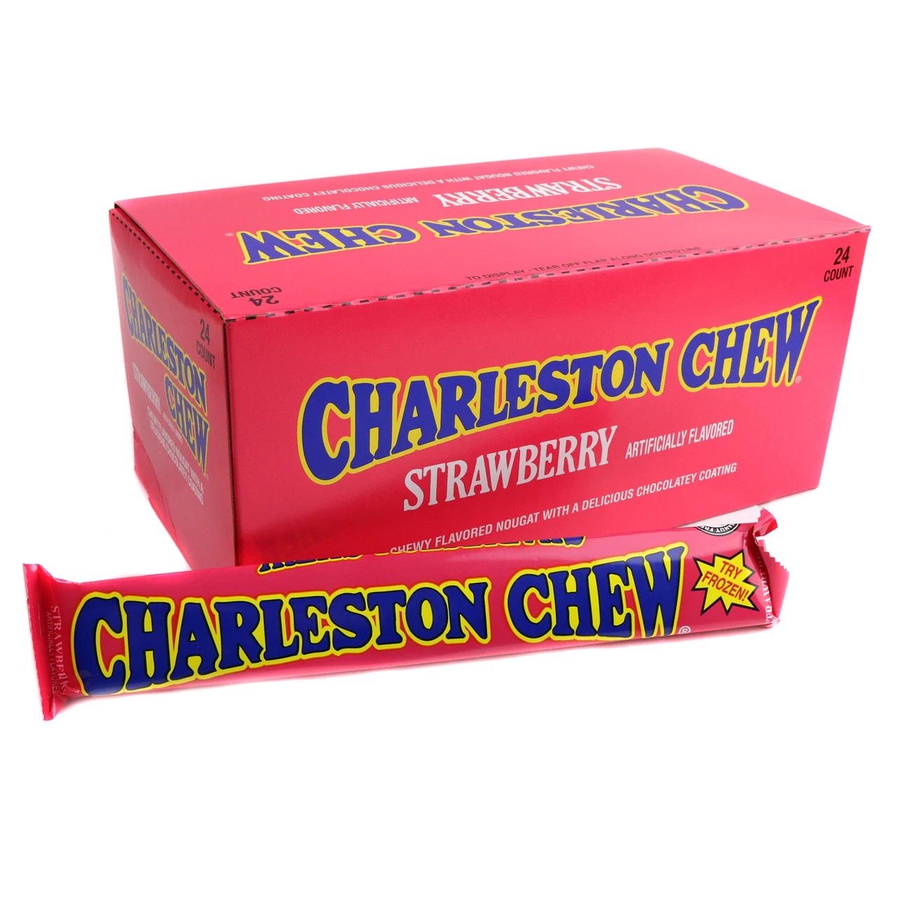 Vibrant red Charleston Chew Strawberry candy bars, 24 chewy gluten-free pieces, classic old-fashioned retro sweet.