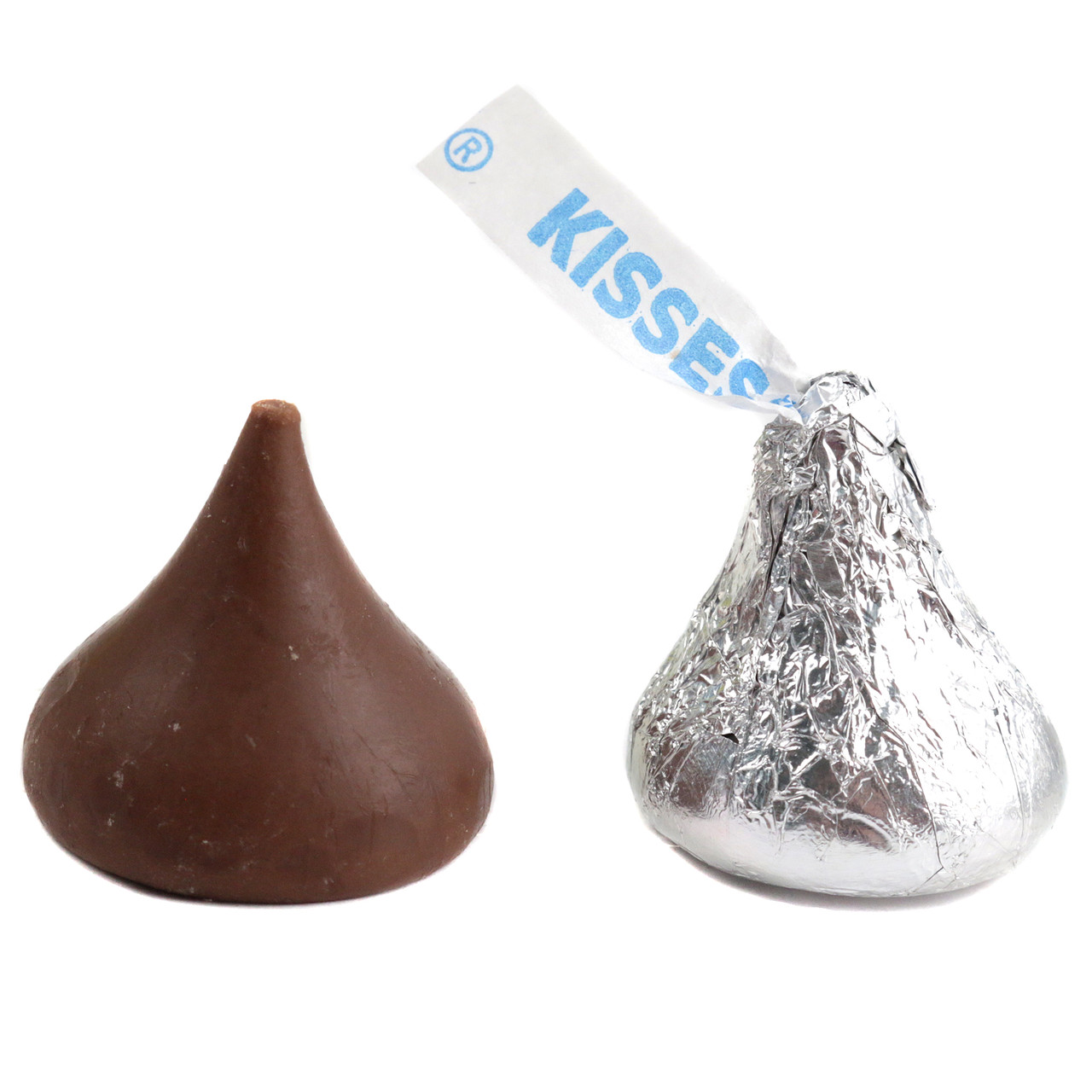 Bulk Hershey Kisses, silver foil wrapped melt-in-your-mouth chocolate candy, classic kiss shape, approx 90 per pound.