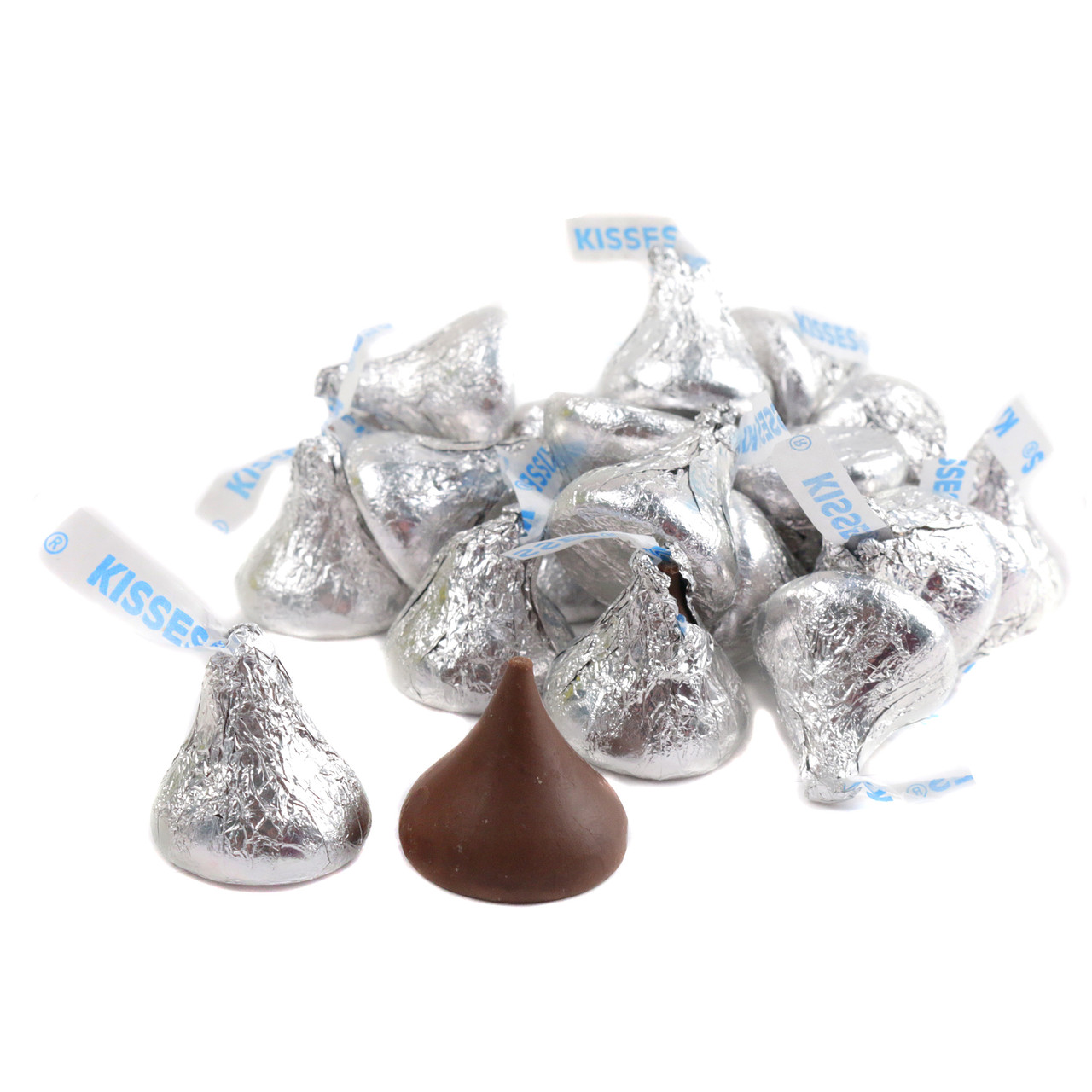 Bulk Hershey Kisses, individually silver foil wrapped milk chocolate, delicate kiss shape, approx 90 per pound.
