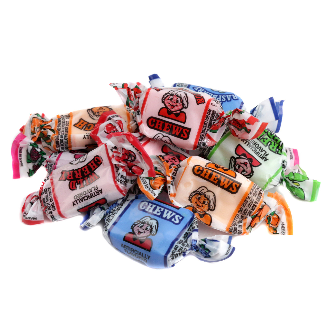 Albert's Fruit Chews, 240 piece assorted bag. Chewy candies in green apple, blue raspberry, peach, grape, strawberry.