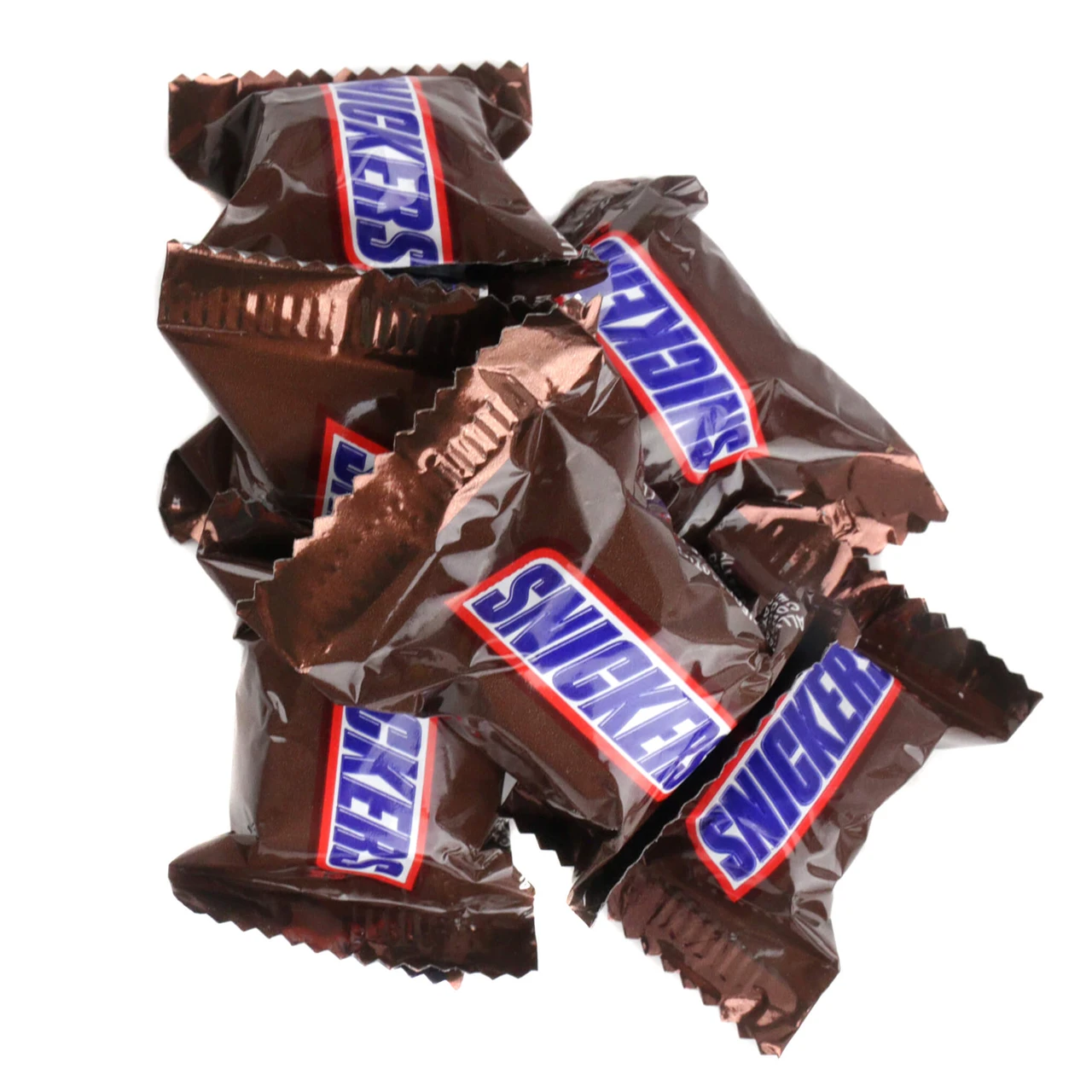 Pile of individually wrapped Snickers Mini Size candy bars, brown & blue, milk chocolate, golden caramel, nougat, peanuts.