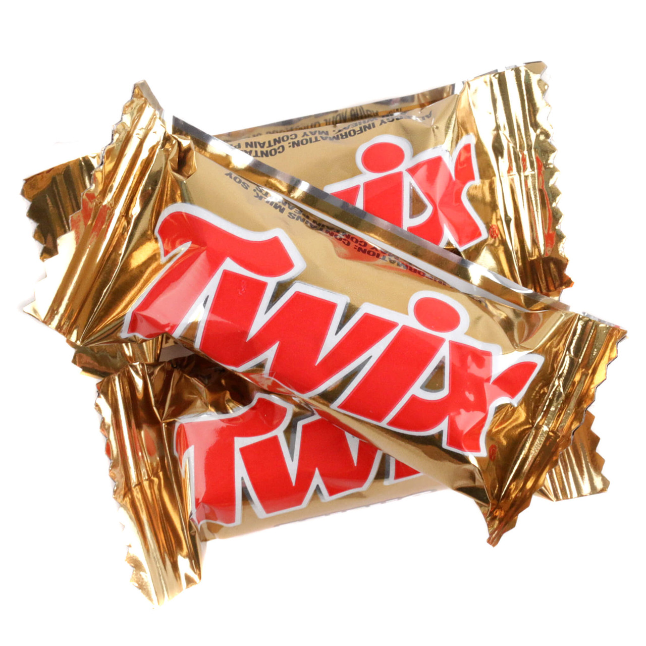 Pile of fun size Twix Mini candy bars, gold wrappers, milk chocolate, caramel, crunchy cookie. About 44 per pound.