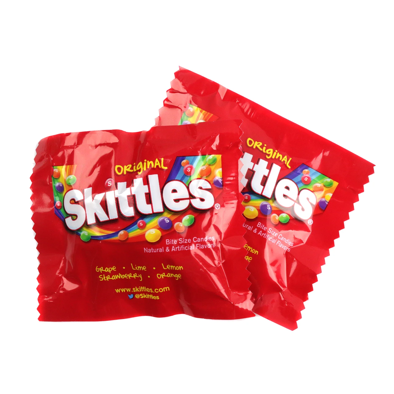 Skittles Fun Size, 29 small packets, chewy rainbow fruit candy: lime, lemon, grape, strawberry, orange flavors.