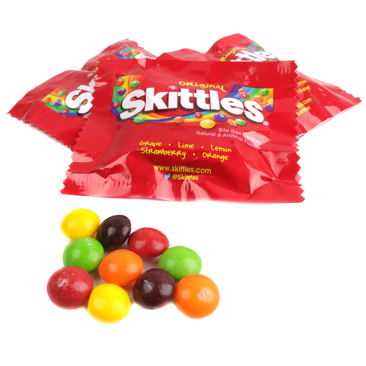 29 colorful Skittles Fun Size packets, a rainbow of lime, lemon, grape, strawberry, orange chewy fruit candies.