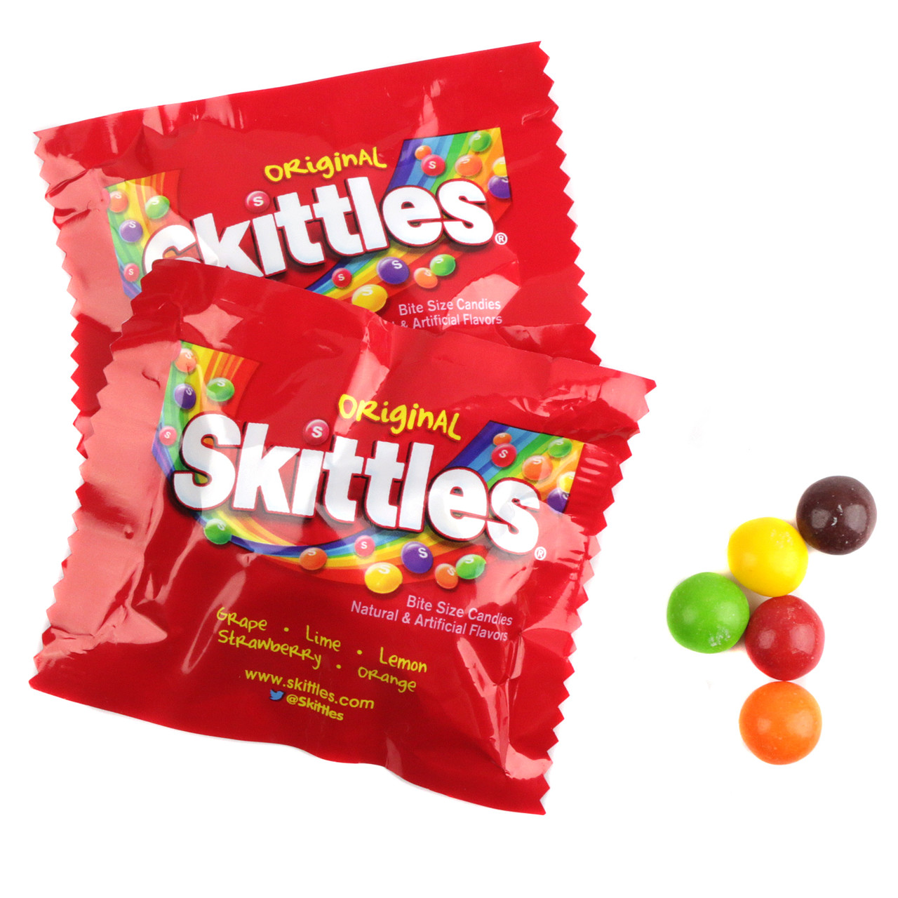 Skittles Fun Size chewy candy, small multi-colored packets. Approx 29/lb. Rainbow of lime, lemon, grape, strawberry, orange flavors.