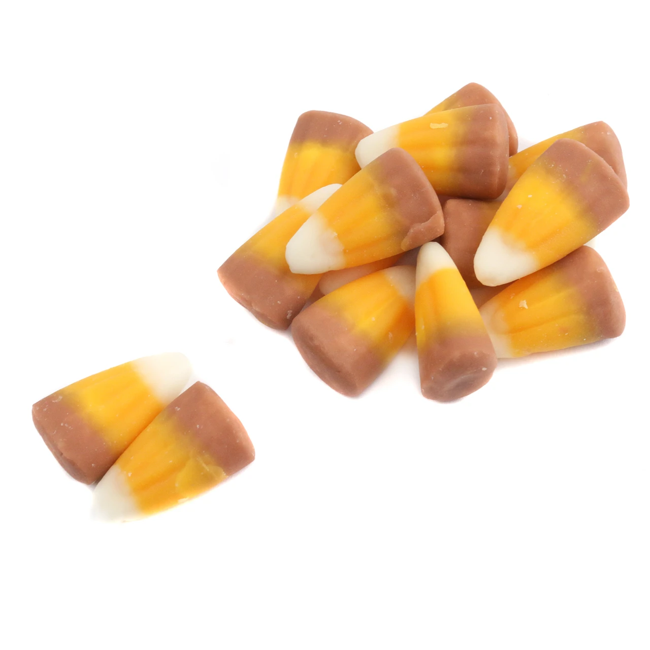 Caramel Candy Corn, white bottoms, orangish brown middle, dark brown tops. Approx 250 pieces per pound, autumn colors.