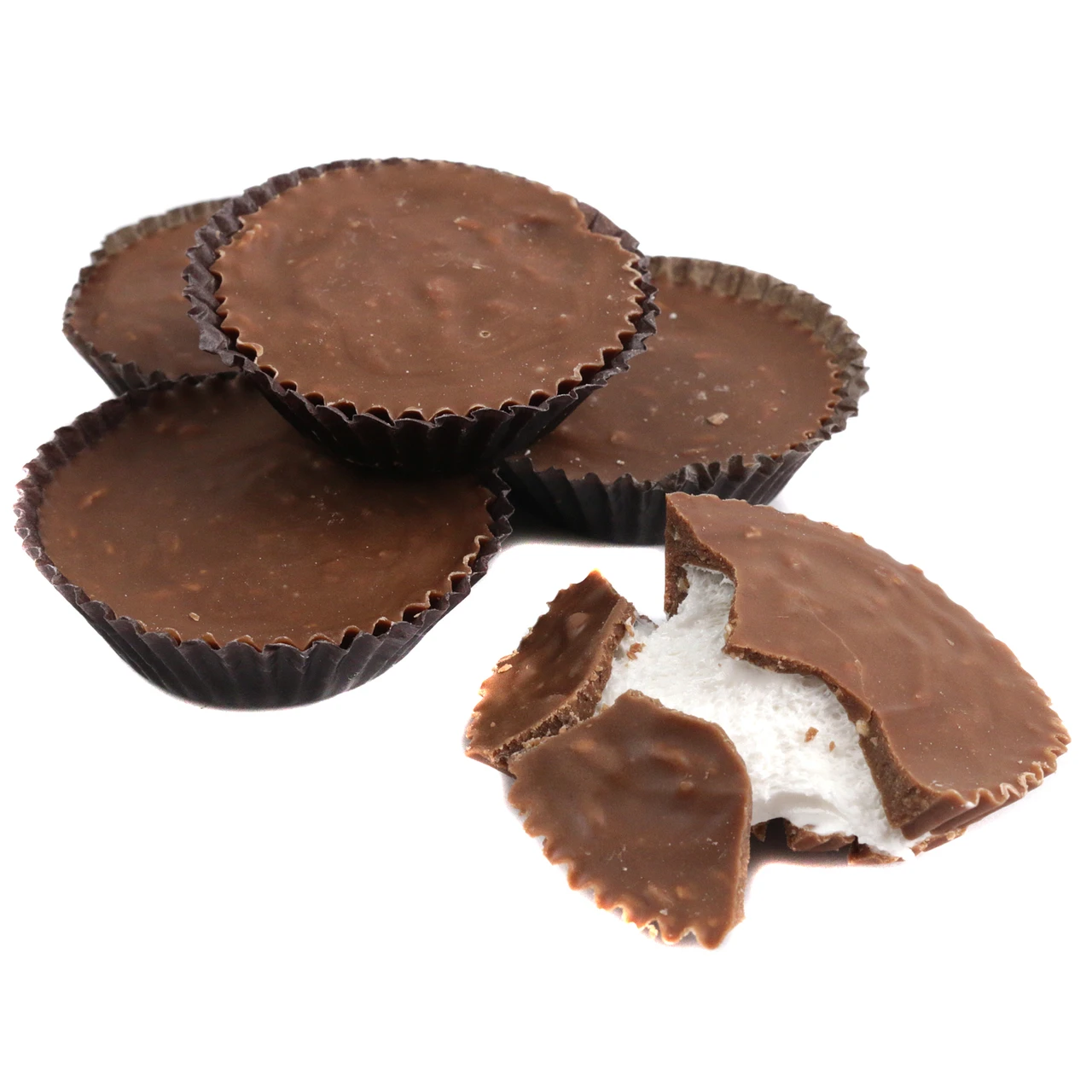 Boyer Mallo Cups, unwrapped, brown chocolate, white marshmallow center, shredded coconut, approximately 30 pieces.