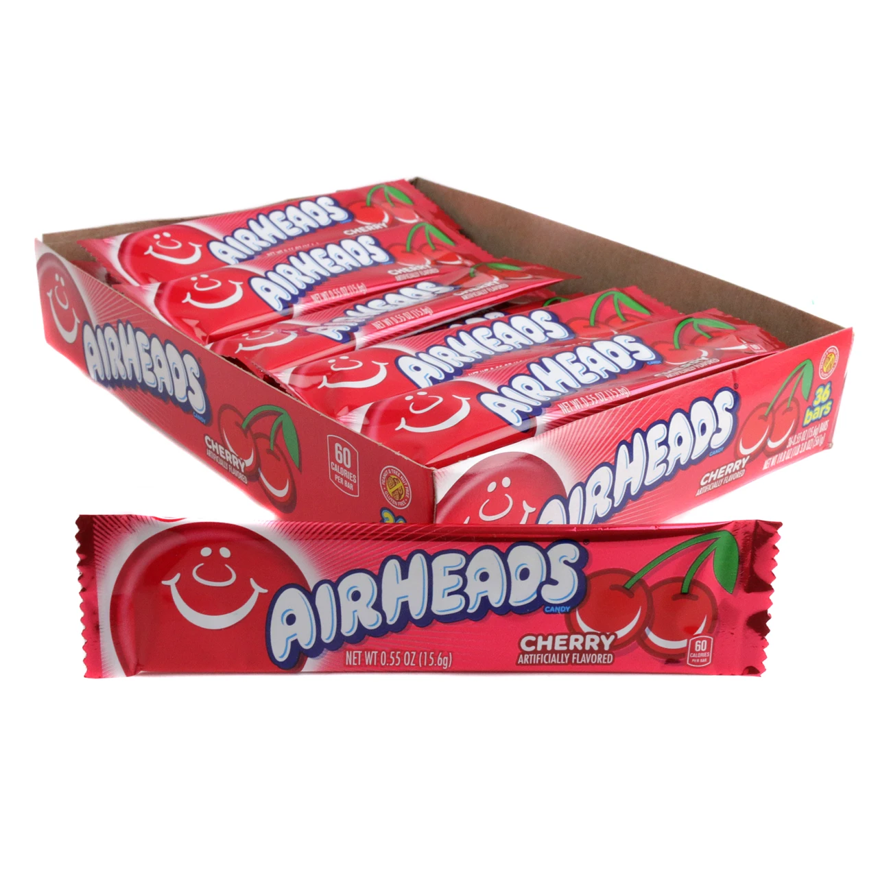 Airheads Cherry, 36 individually wrapped vibrant red chewy candies, vegan, gluten-free, classic flavor.