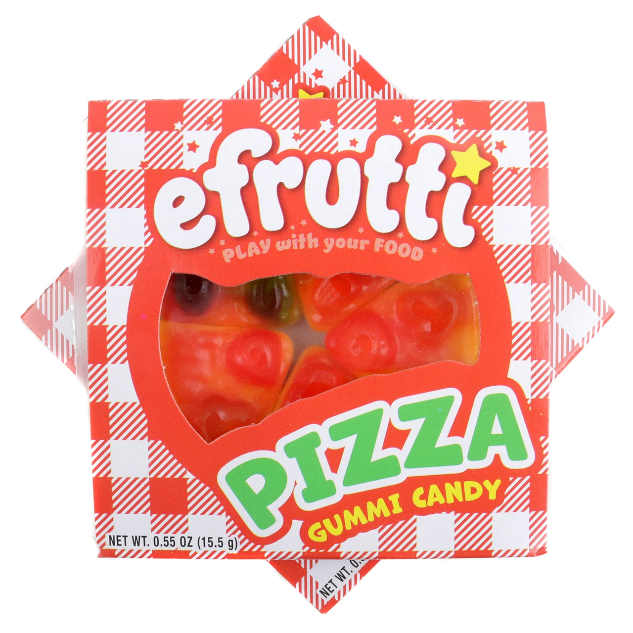 48 individually wrapped, realistic mini Gummy Pizza candies, sliced. Colorful red tomato, green pepper, mushroom, mozzarella toppings.
