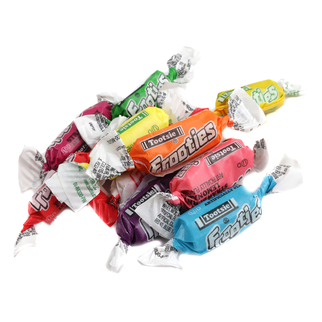 Frooties chewy fruit candies, colorful rainbow assortment including blue, green, strawberry flavors. 1 pound, approximately 140 pieces.