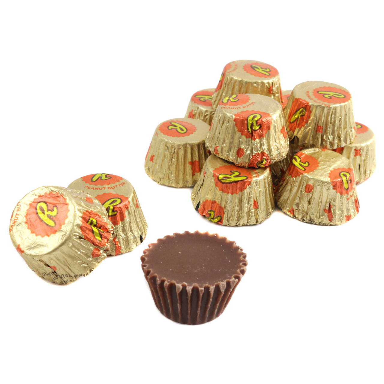 Reese's Mini Peanut Butter Cups, many bite-sized candies in golden foil wrappers, milk chocolate, creamy peanut butter.