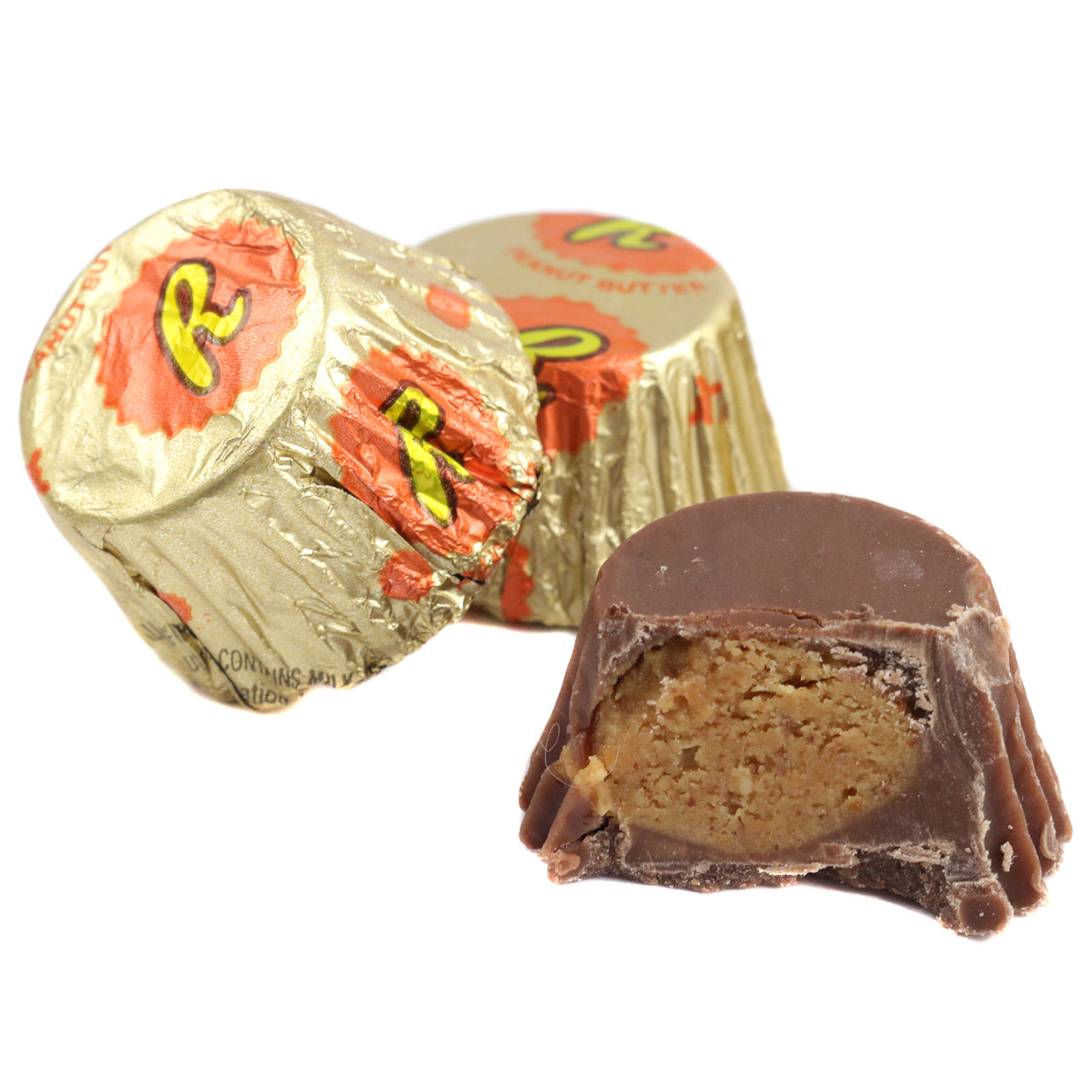 Reese's Mini Peanut Butter Cups, bite-sized, milk chocolate with creamy peanut butter, golden foil wrappers, approx 48 per lb.