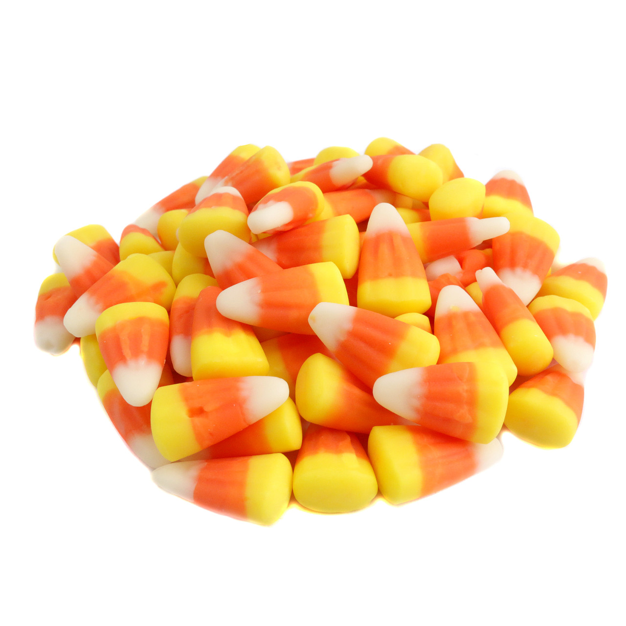Classic white, yellow, orange pyramid-shaped Candy Corn. Sweet honey-flavored fall treat, approx. 250 pieces per pound.