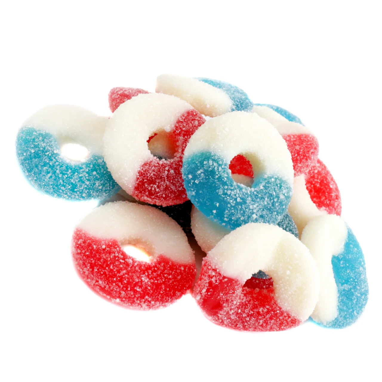 Bright red, white, and blue sour sugar-coated gummy rings. Cherry, Blue Raspberry flavors. Perfect patriotic 4th of July candy.