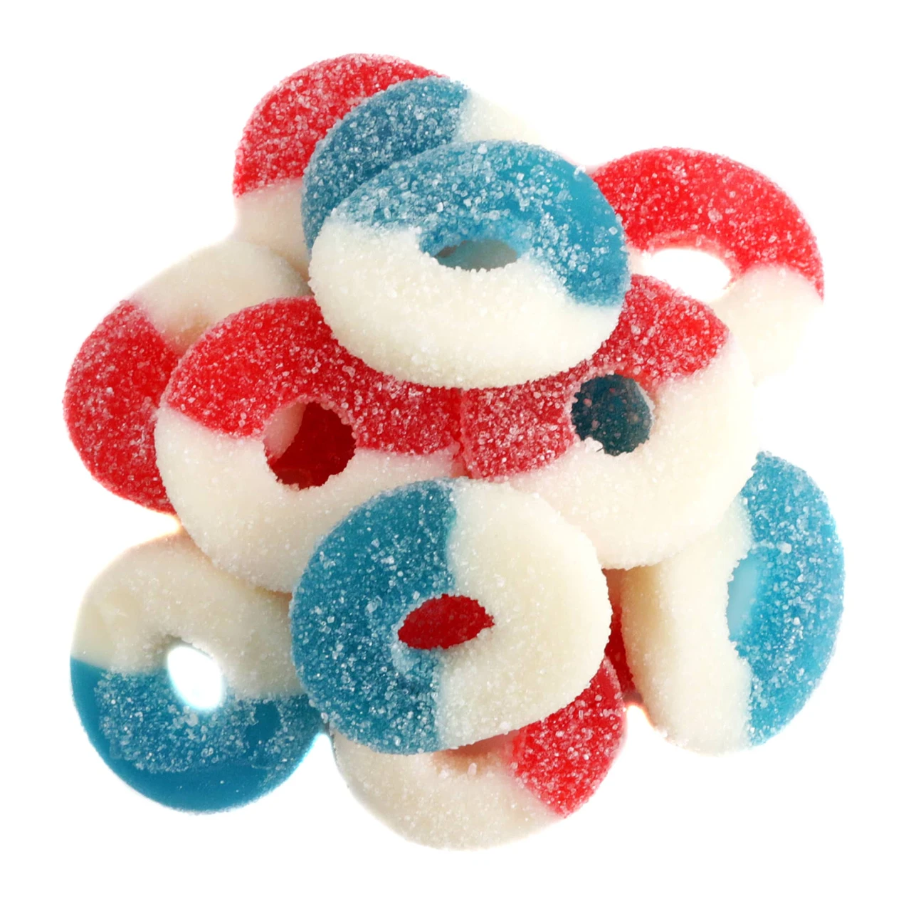 Red, white, blue sour sugar-coated gummy rings. Patriotic Cherry, Blue Raspberry candy, approx. 60 per pound, USA made.