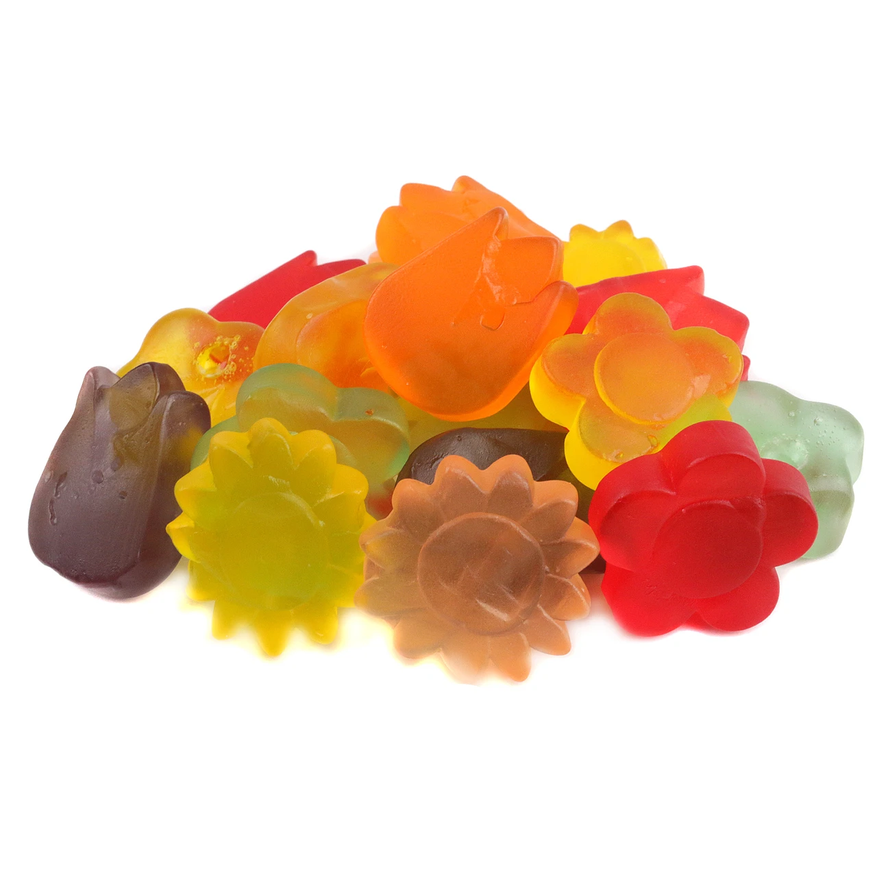 Colorful Gummy Flowers, Awesome Blossoms, 3 unique shapes, 6 vibrant flavors, 100 per pound. Perfect Easter candy.