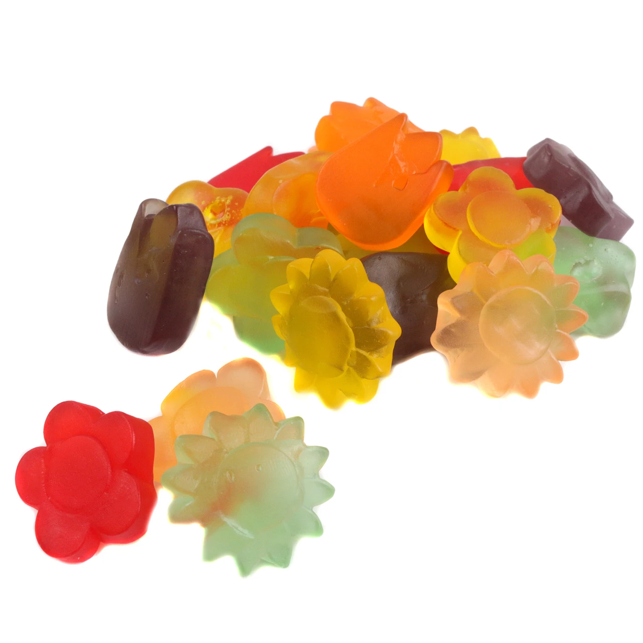 Awesome Blossoms gummy flowers, 3 unique shapes, 6 vibrant colors. Approximately 100 per pound. Perfect Easter candy.