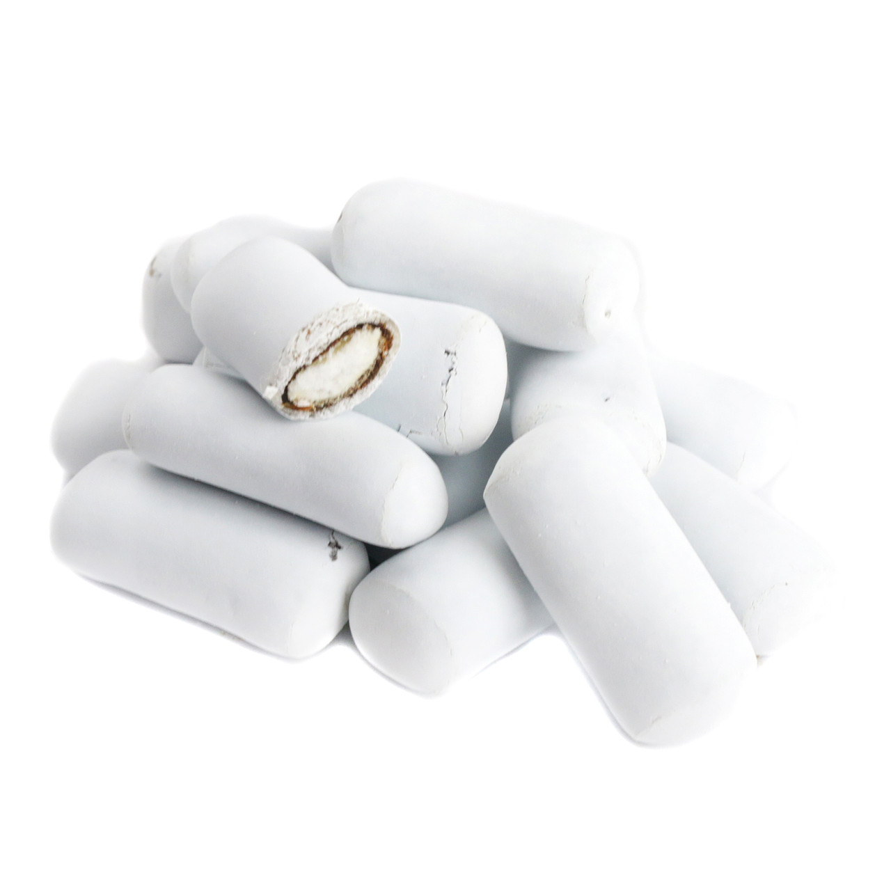 White coated Black Licorice Ice Chalk candy, 160 non-GMO pieces, soft black licorice inside, peppermint flavor.