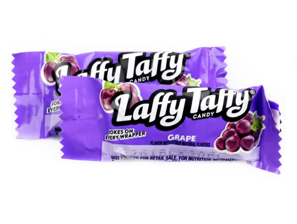Laffy Taffy Grape, 145 count bulk bag of purple chewy taffy candy, bursting with sweet, tangy grape flavor.