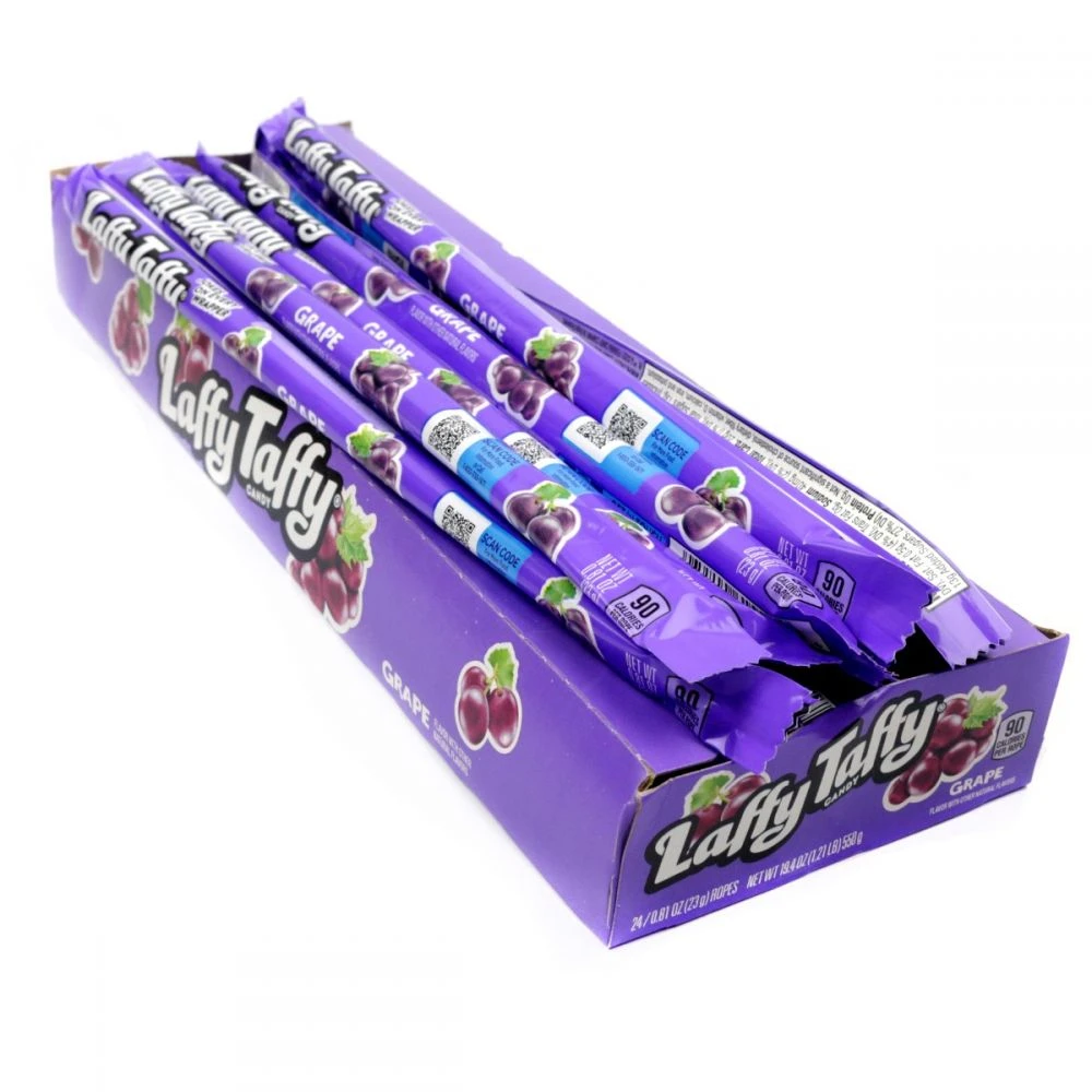 24 purple grape Laffy Taffy Ropes, each 10 inches long, tangy and chewy taffy candy in a display box.