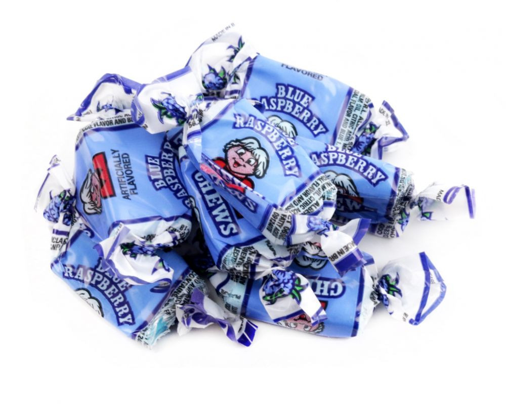 240 individually wrapped Albert's Blue Raspberry Chews, vibrant blue chewy candy pieces.