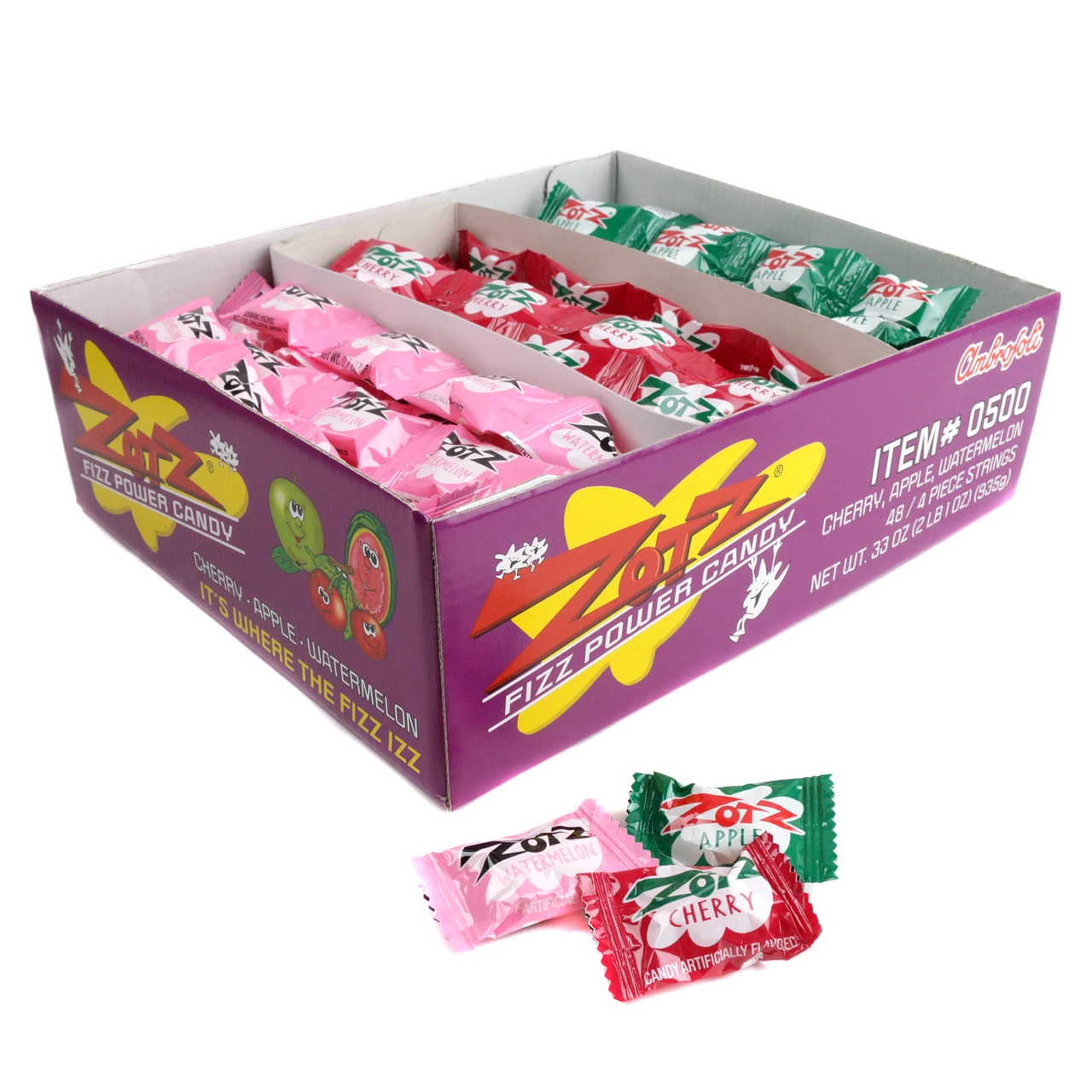 Zotz fizzy hard candy, 48 assorted pieces. Green apple, red cherry, pink watermelon sweet and sour flavors.
