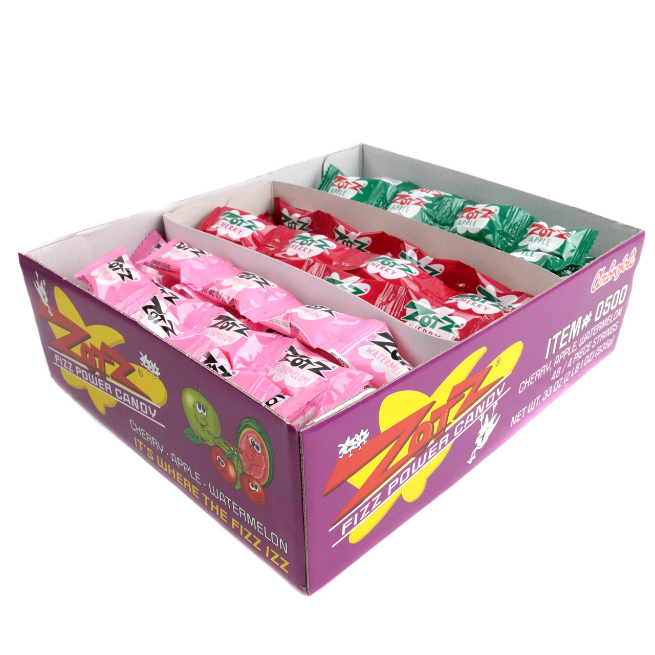 48 Zotz fizzy hard candies, Watermelon, Cherry, Apple flavors. Red, green, pink sweet and sour pieces.