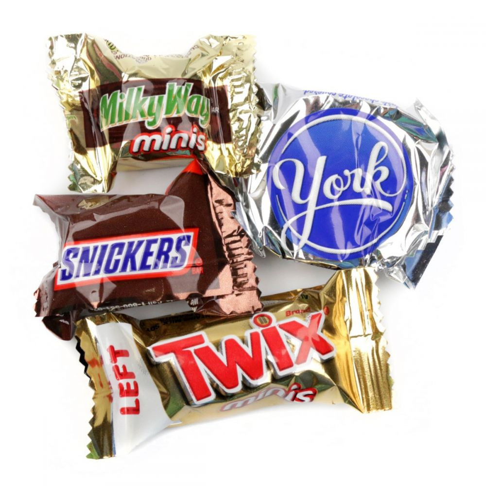 Colorful mini candy bar mix assortment, featuring York Peppermint Patties, Twix, Milky Way, Snickers. Approx 45 pieces.