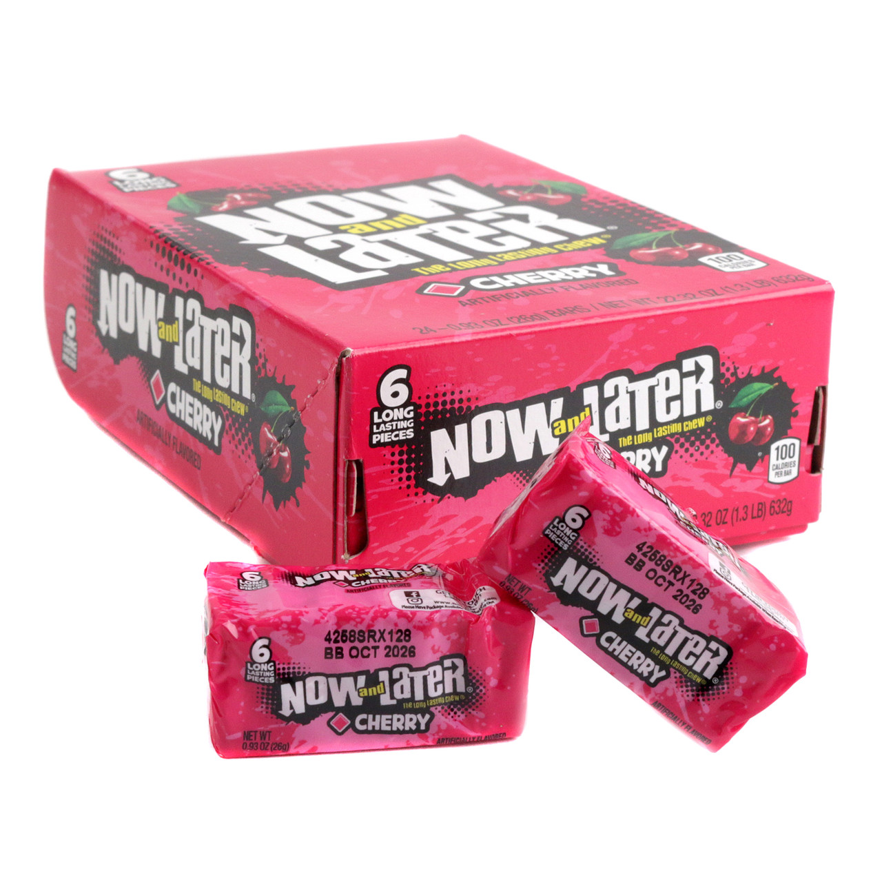 24 red packs of Now and Later Cherry hard chew taffy, 6 individually wrapped pieces per pack.