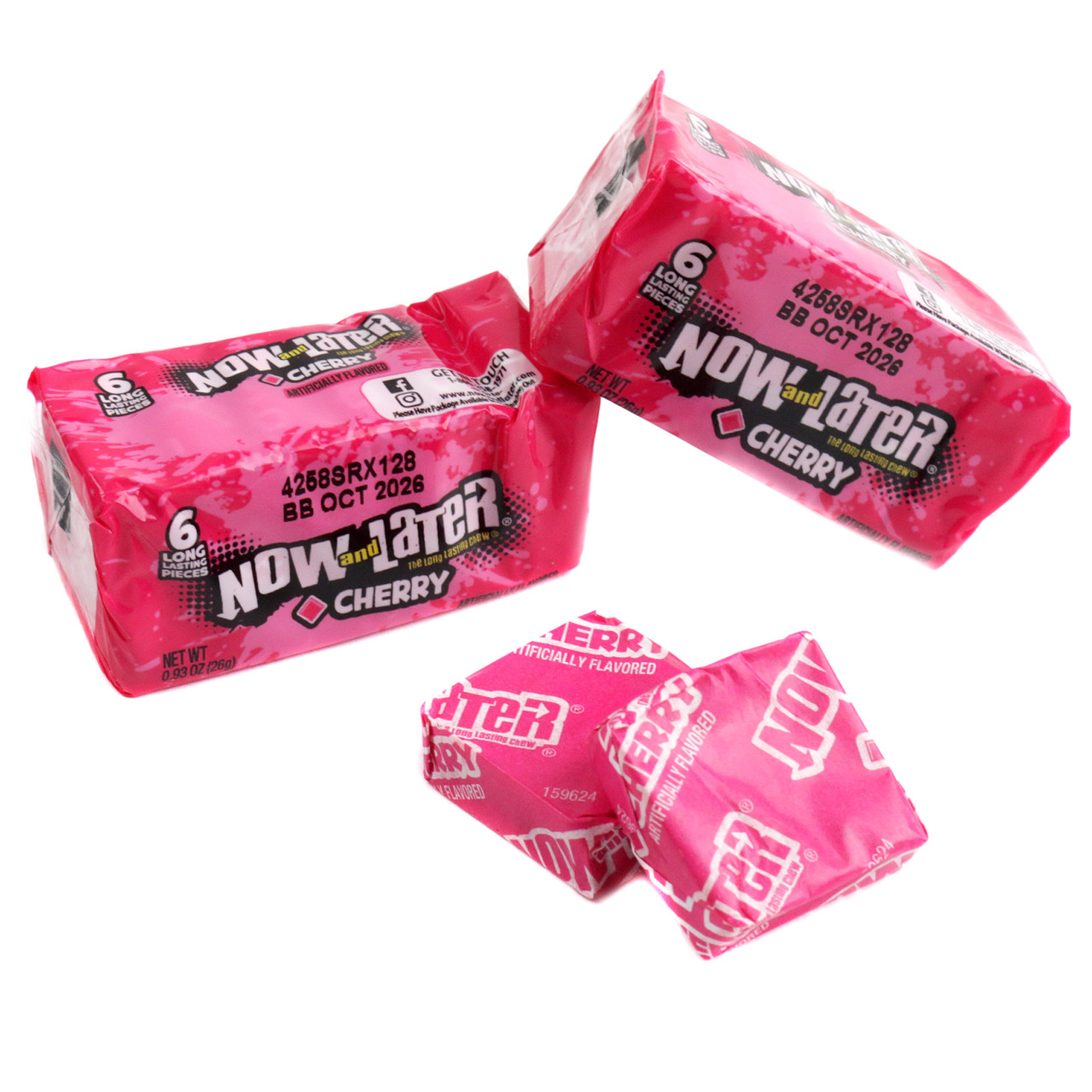 24 red packs of Now and Later Cherry hard taffy squares, 6 individually wrapped pieces per pack.