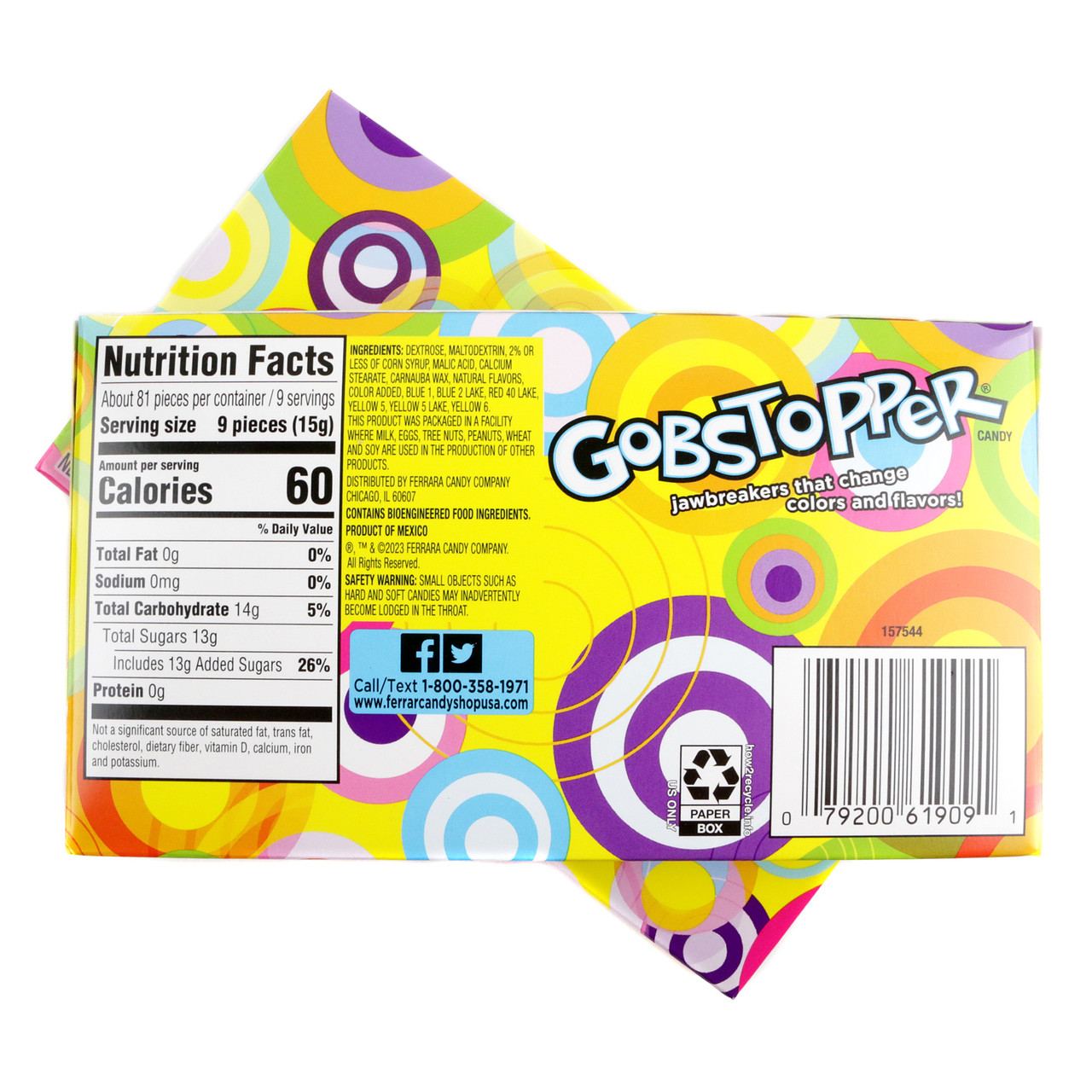 12 colorful, assorted fruit-flavored Gobstopper candy movie theater boxes, 5 oz each.