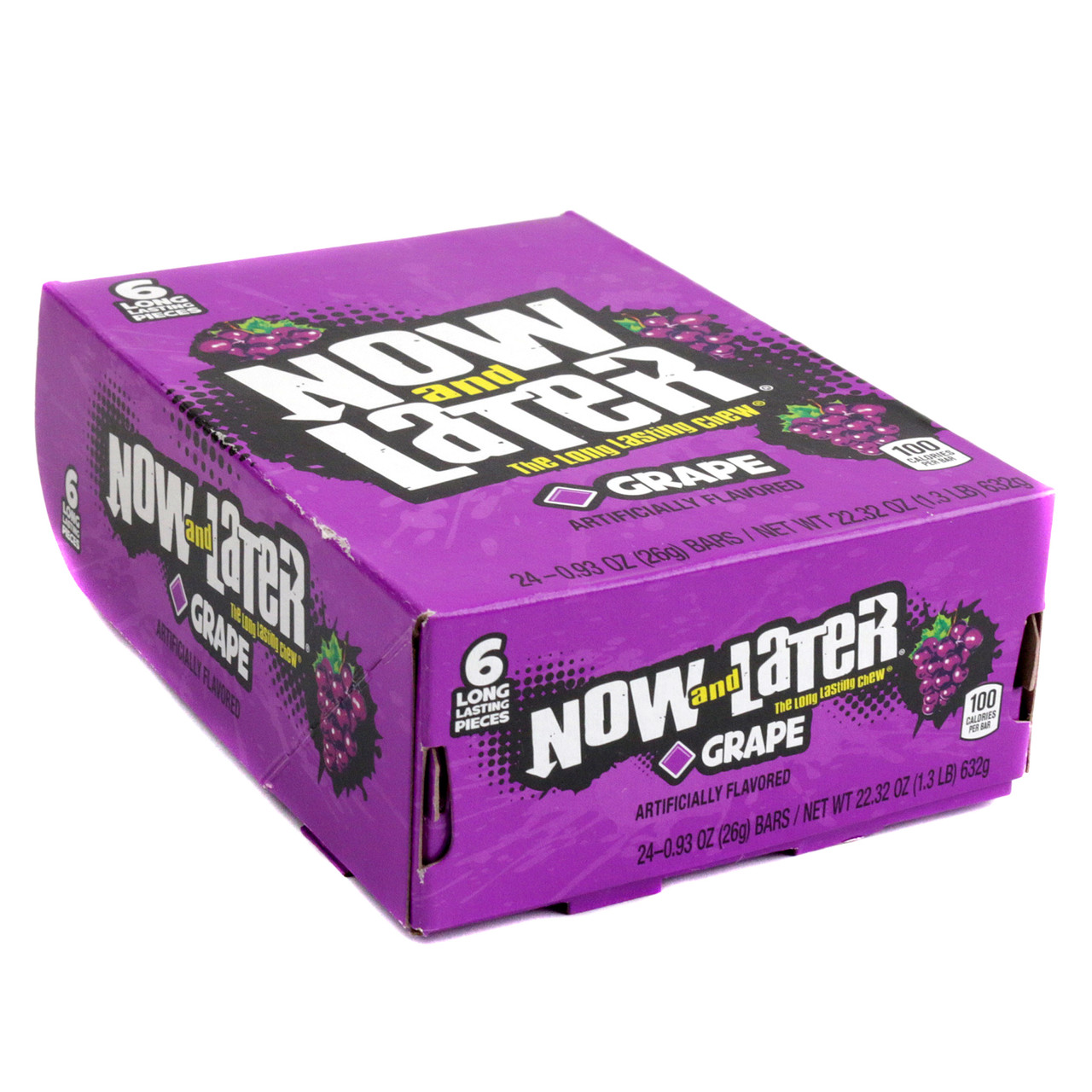 Now and Later Grape taffy, 24 packs, each with 6 purple individually wrapped squares.