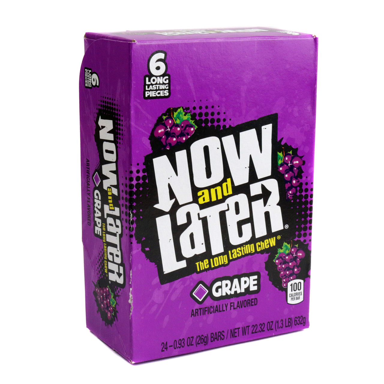 Now and Later Grape taffy squares, 24 purple packs, 6 pieces per pack, individually wrapped candy.