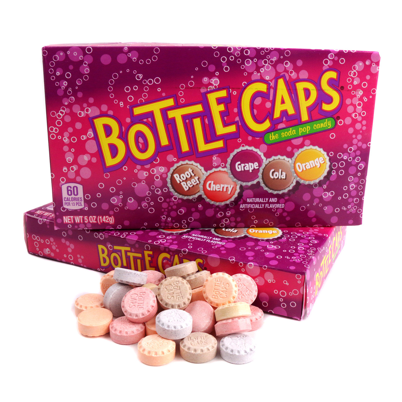 Bottle Caps 10 pack of 5oz theater boxes. Assorted cola, cherry, grape, root beer, orange retro candy.