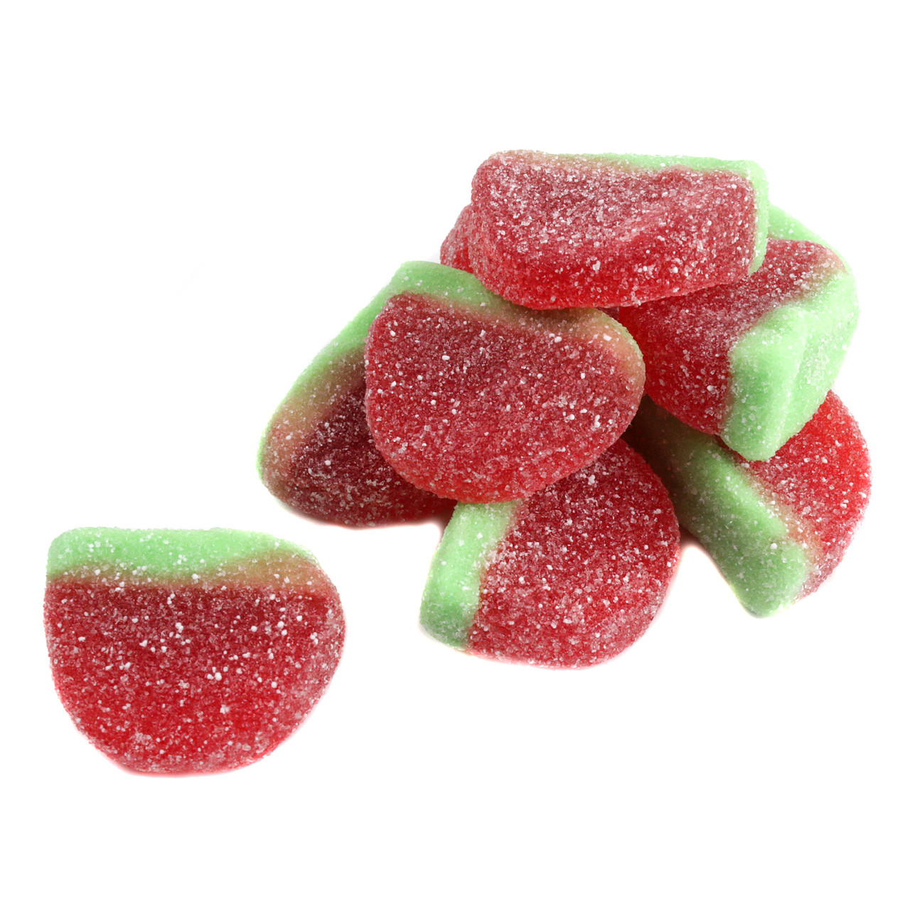Vidal Watermelon Gummies, soft, chewy, sweet, tangy mini slices, green, red, white, approx 45 per pound.