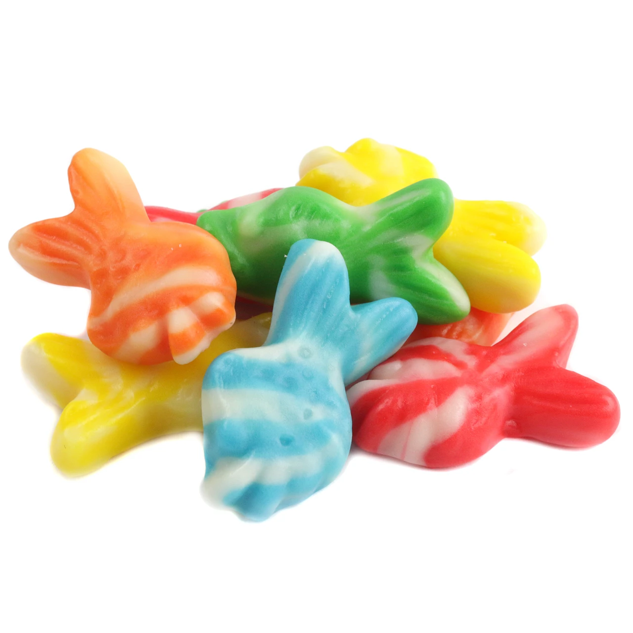Swirly Gummy Fish, vibrant rainbow colors, sweet cream & fruity flavors, approx 75 bulk gummy candy per pound.