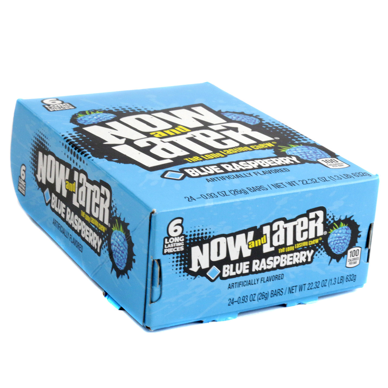24 packs Now and Later Blue Raspberry hard chew taffy. Individually wrapped blue candy squares.