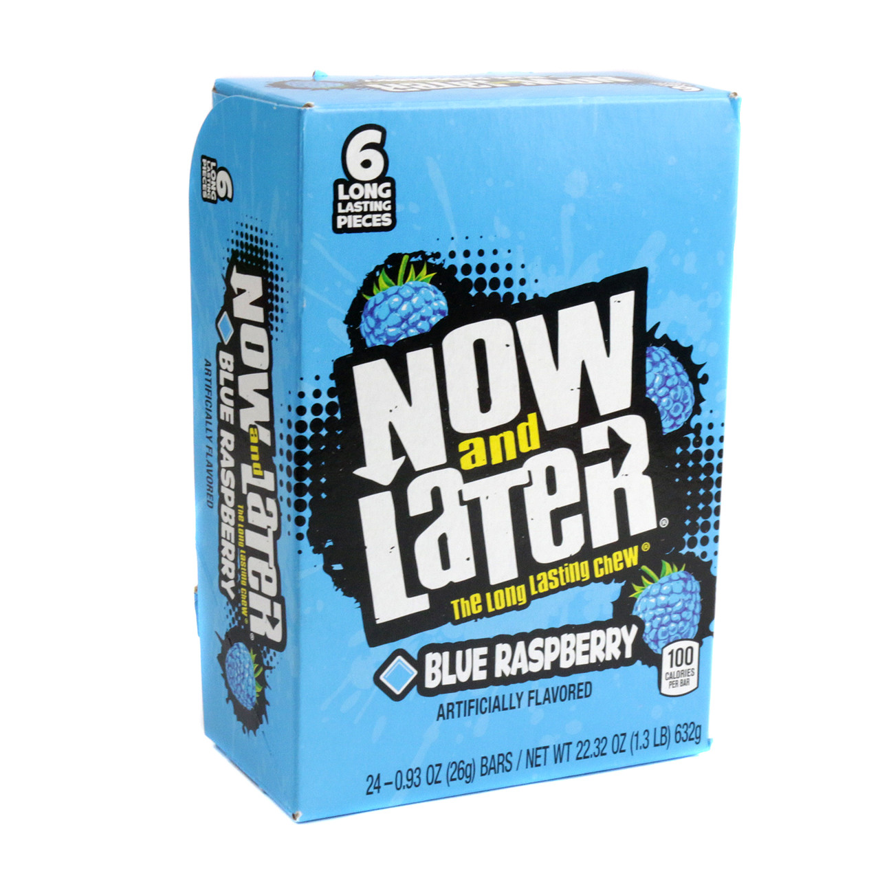24 blue Now and Later Blue Raspberry hard chew taffy packs.