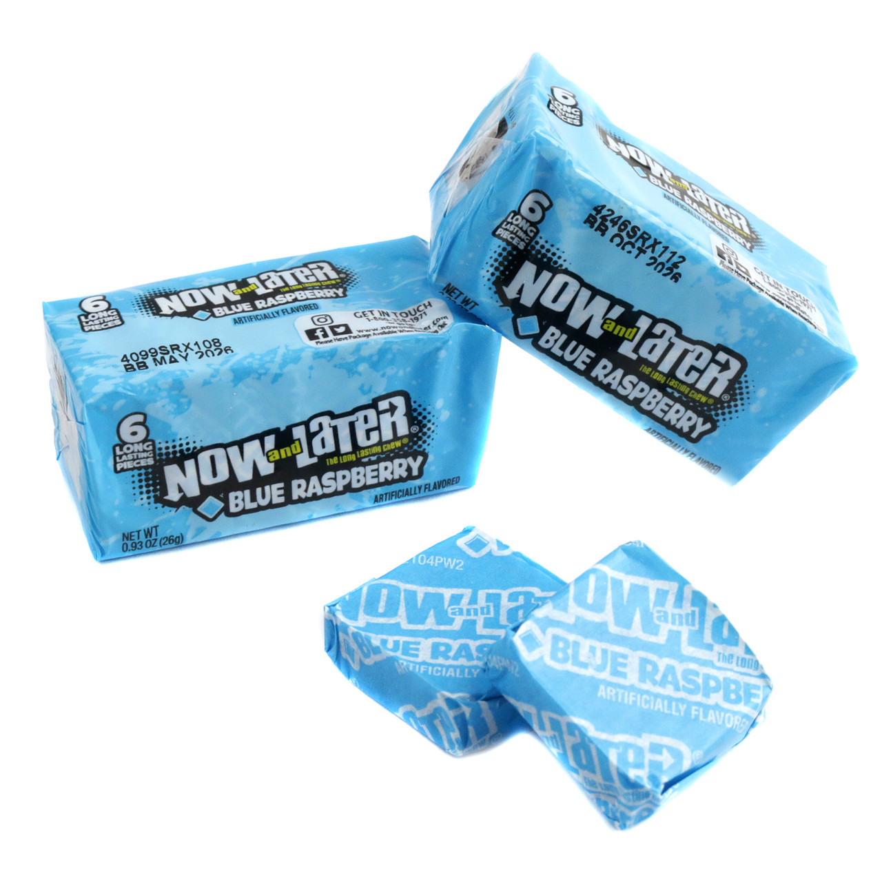 Now and Later Blue Raspberry hard chew taffy squares, 24 packs with 6 individually wrapped blue candies.