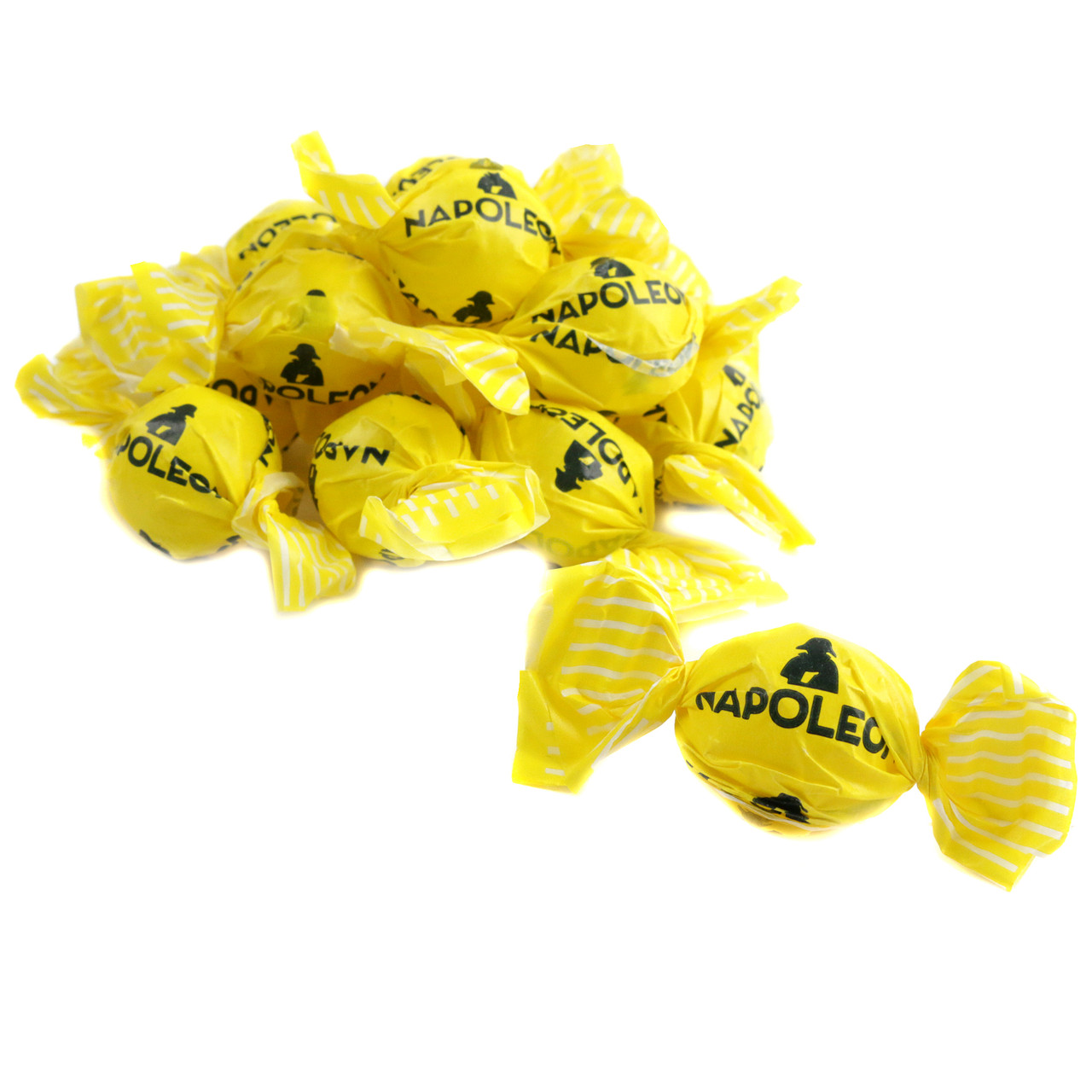 Napoleon Sour Lemon Bon Bons, approx. 65 bright yellow individually wrapped hard candies per pound, intensely tangy.