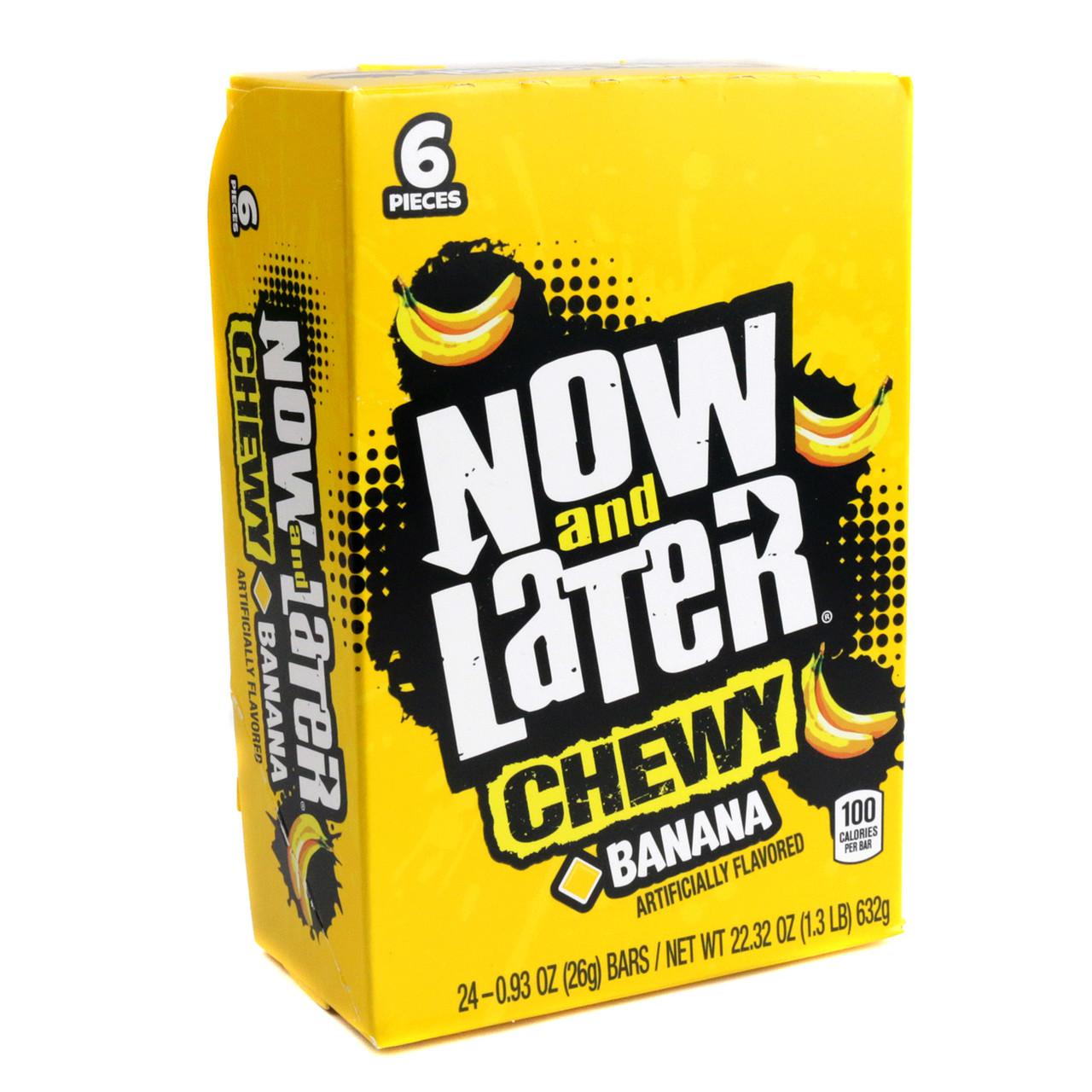Now and Later Chewy Banana candy, 24 bright yellow packs, individually wrapped taffy, 6 pieces per pack.