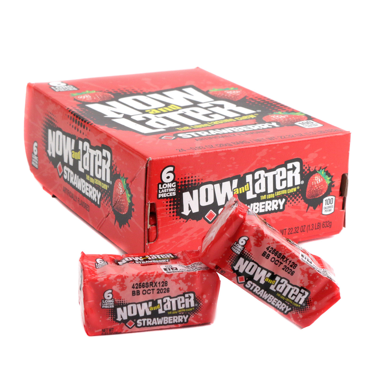 Now and Later Strawberry hard chew taffy squares, 24 packs with 6 individually wrapped pink-red candies each.