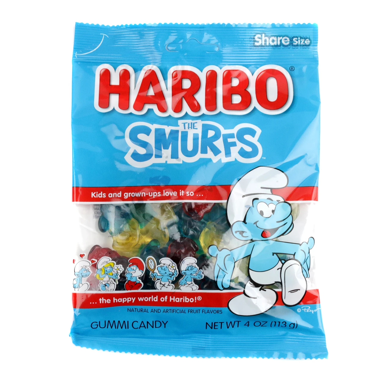 Haribo Smurfs Gummies, 4oz bag, vibrant blue smurf-shaped candy, soft and chewy blue raspberry flavor.