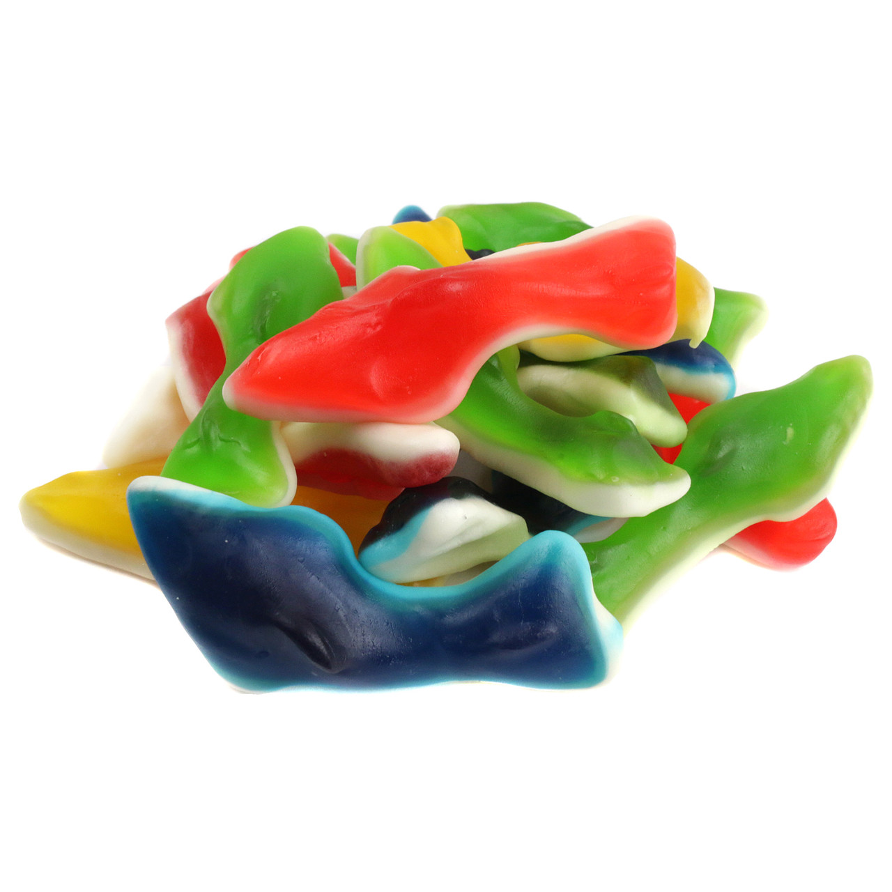 Vibrant assorted gummy sharks, red, yellow, green, blue flavors, approx 55 per pound, beach party candy.