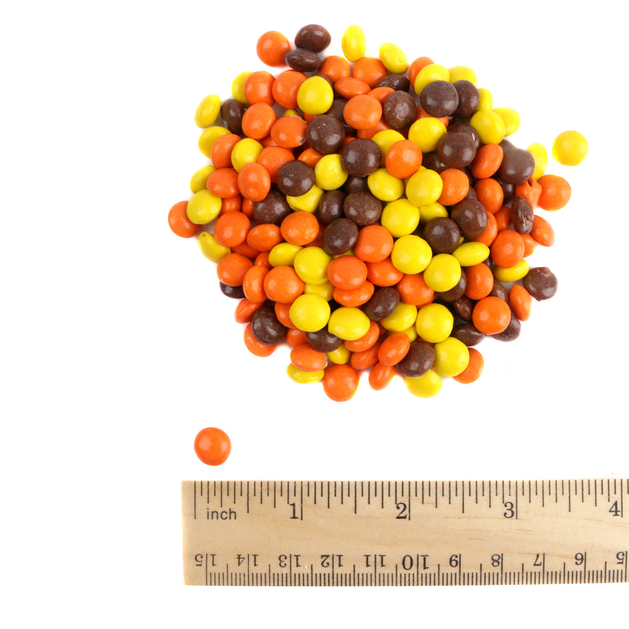 Mini Reese's Pieces candy, mixed yellow, brown, orange, crunchy peanut butter shells for snacking, baking, dessert toppings.