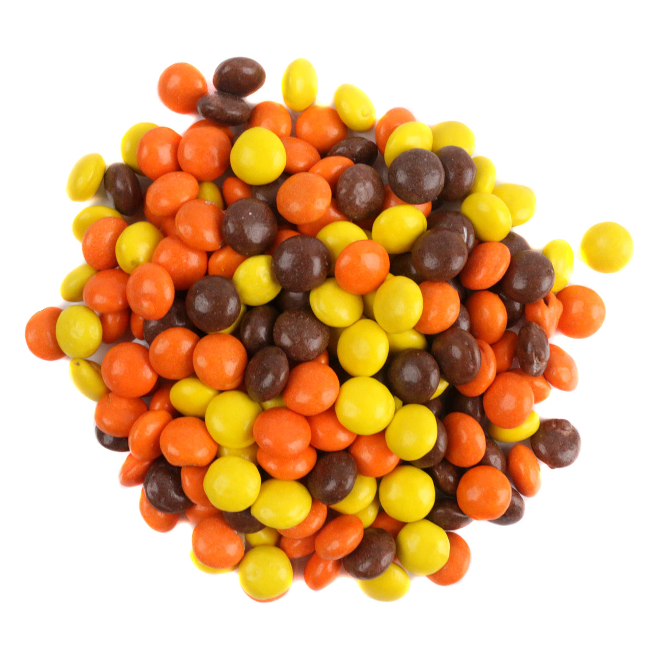 Mini Reese's Pieces. Yellow, brown, orange, crunchy shell peanut butter candies for snacking, baking, Halloween.